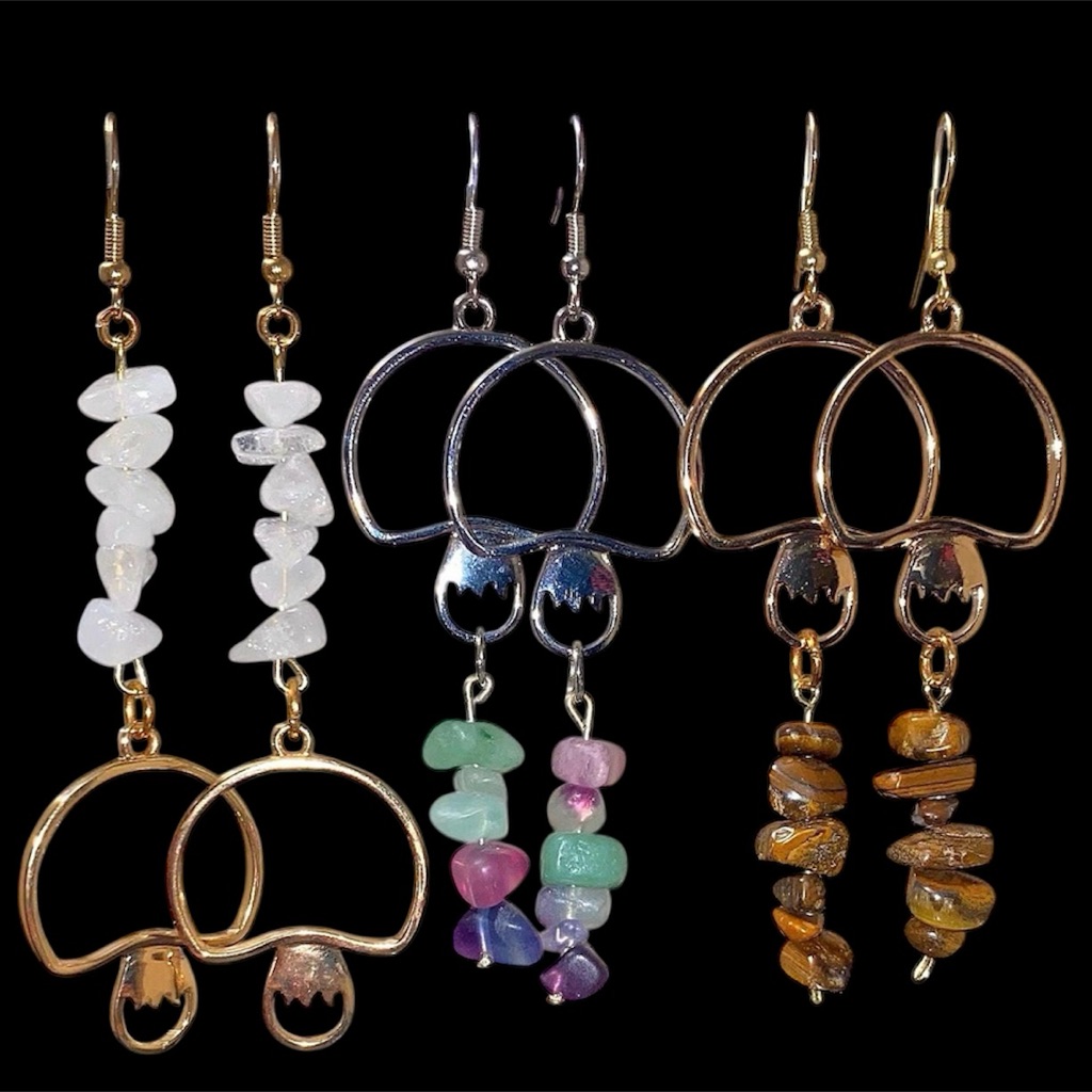 Gold And Silver Mushroom Earrings With SemiPrecious Stones